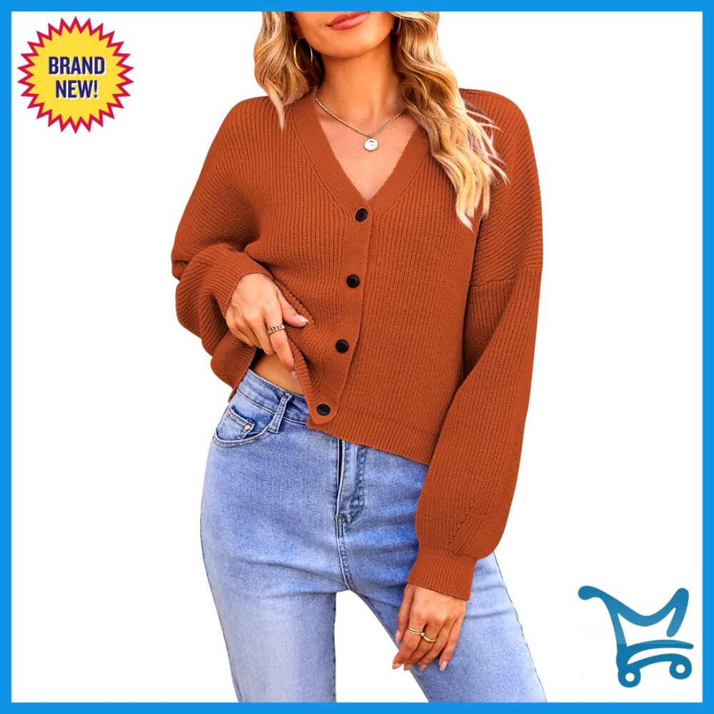 Cropped Cardigan Sweater V-Neck Button Down Batwing Long Sleeve Loose Fit